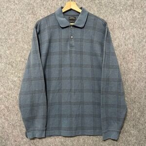 Arrow Mens Size Large Long Sleeve Polo Shirt Blue Gray Grid Pattern Classic Fit